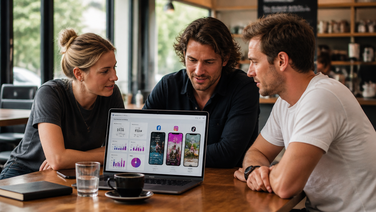 Australian small business team reviewing multi-platform social media ad campaign results on a laptop