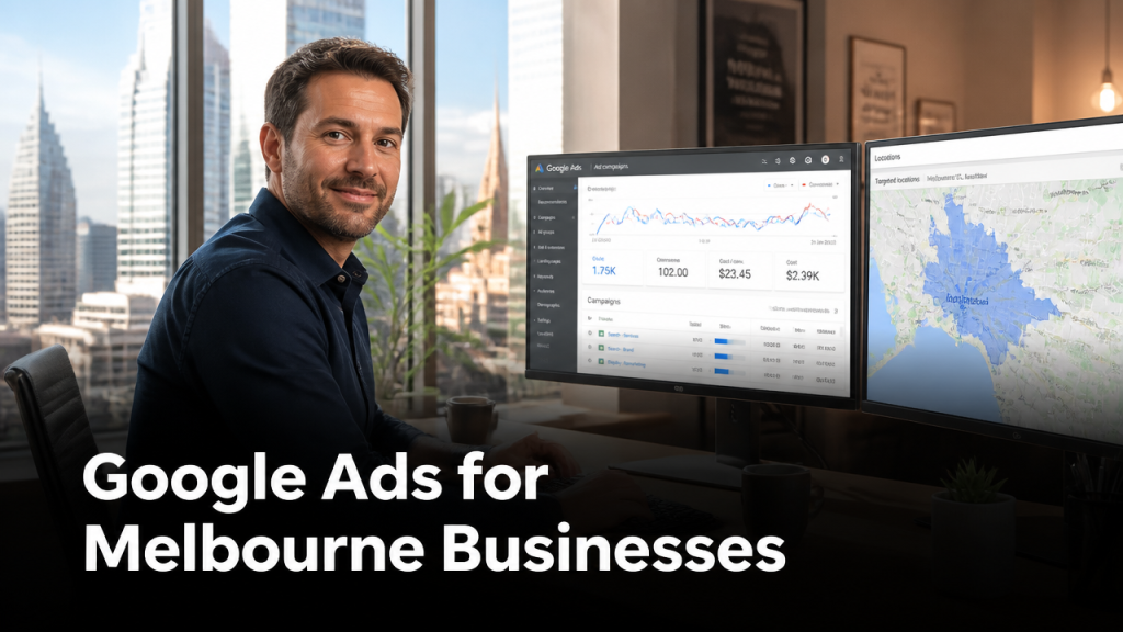 Melbourne small business owner reviewing Google Ads local search strategy on desktop computer with city skyline in background