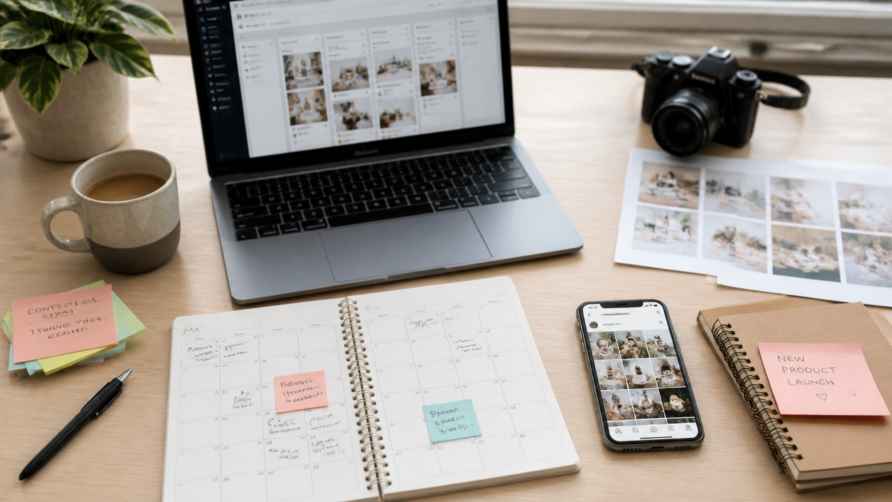Content planning desk with social media calendar, laptop and smartphone showing Instagram for small business marketing