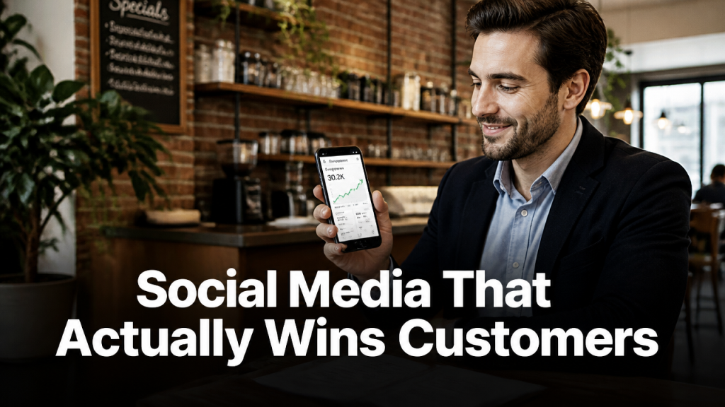 Australian small business owner reviewing social media analytics on a smartphone in a modern Melbourne cafe setting