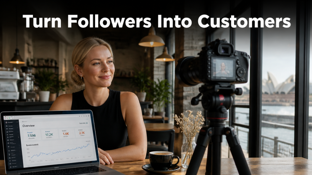 Australian small business owner planning a social media content strategy at a Sydney cafe workspace with camera and laptop