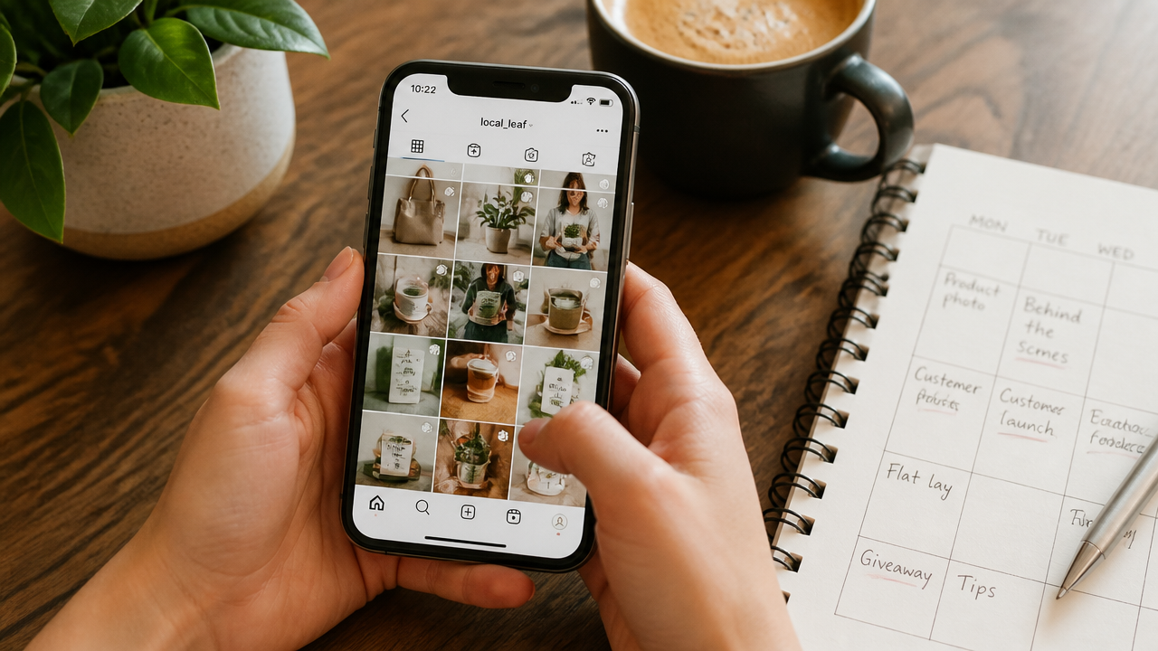 Hands holding a smartphone showing a professional Instagram content grid, representing social media content planning for small businesses