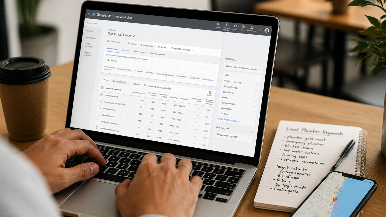 Australian small business owner setting up suburb-level Google Ads keyword targeting on a laptop