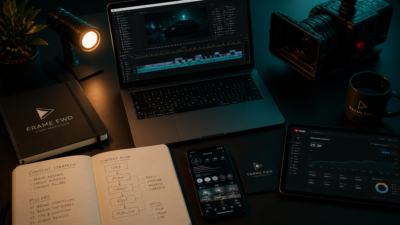 Professional video production planning workspace with camera, editing software and content strategy materials