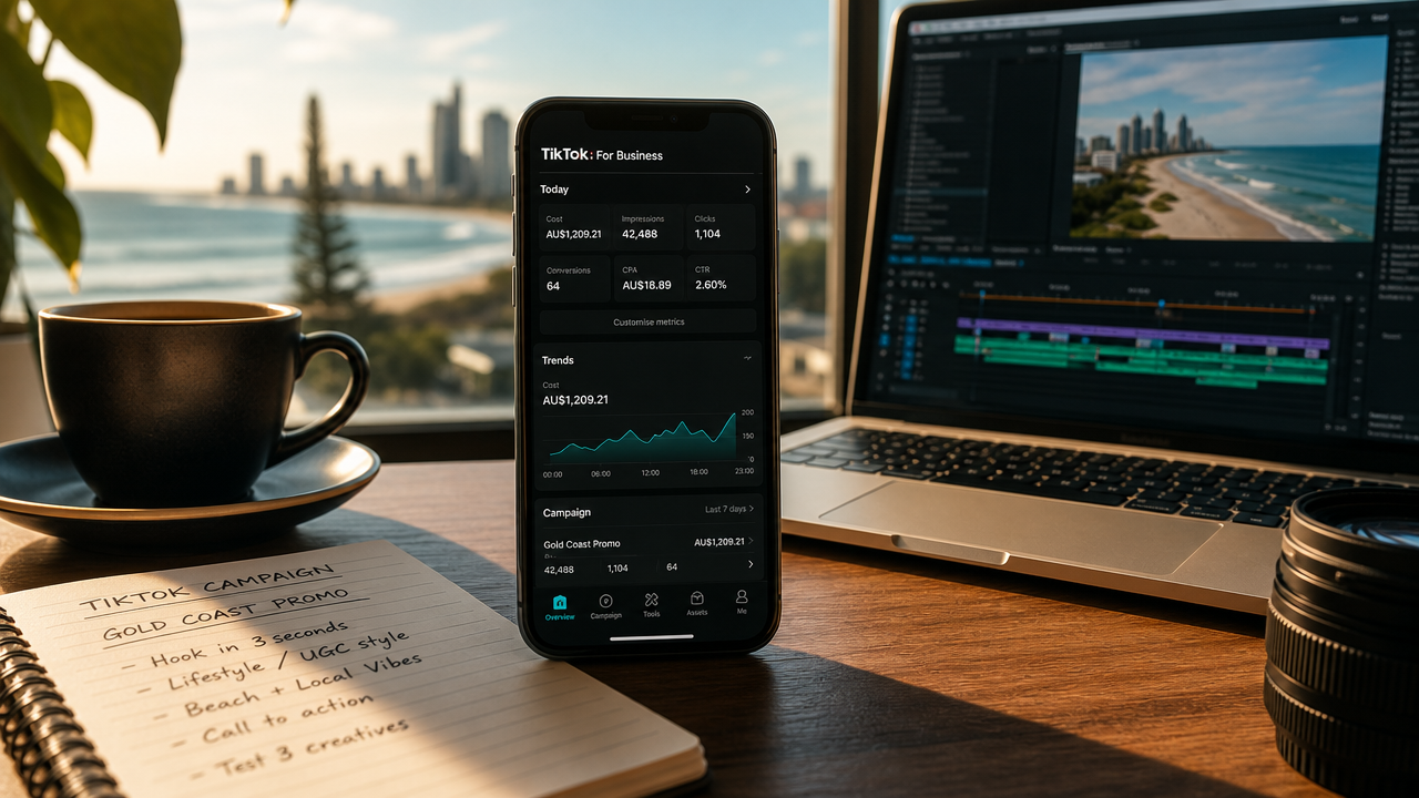 TikTok Ads Manager dashboard on smartphone showing campaign metrics for a small business video ad strategy