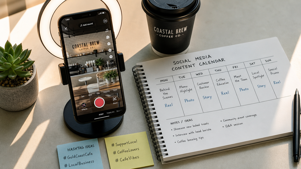 TikTok content strategy planning desk setup with smartphone on ring light, content calendar and local business hashtag notes