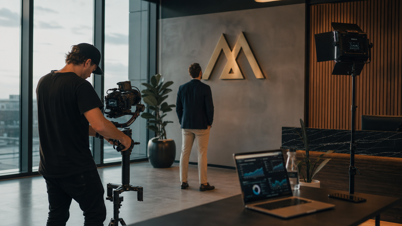 Professional videographer filming a business owner in a modern Australian commercial setting with cinema camera and LED lighting equipment