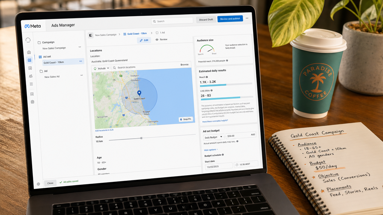 Meta Ads Manager screen showing Gold Coast geographic radius targeting with audience size and budget settings on a laptop
