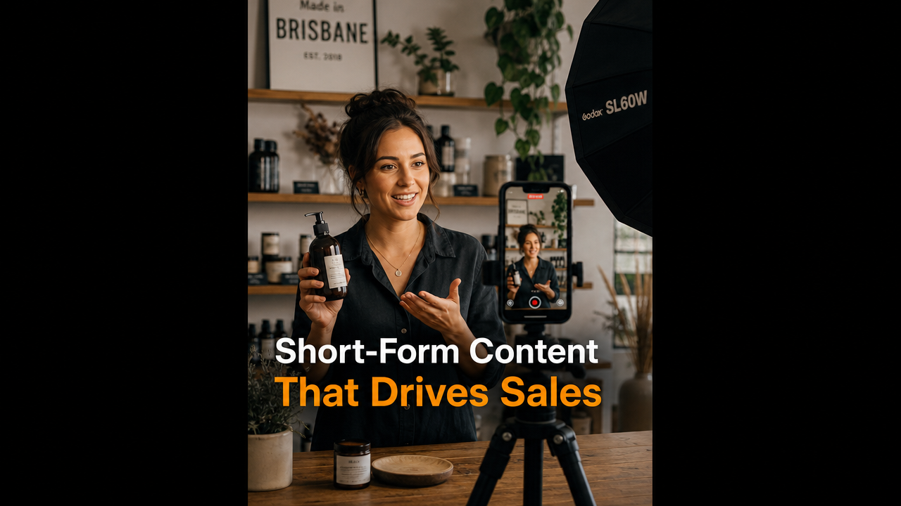 Small business owner in Brisbane location filming Instagram Reel on smartphone with simple lighting setup, showing content creation in action with text overlay 'Short-Form Content That Drives Sales'