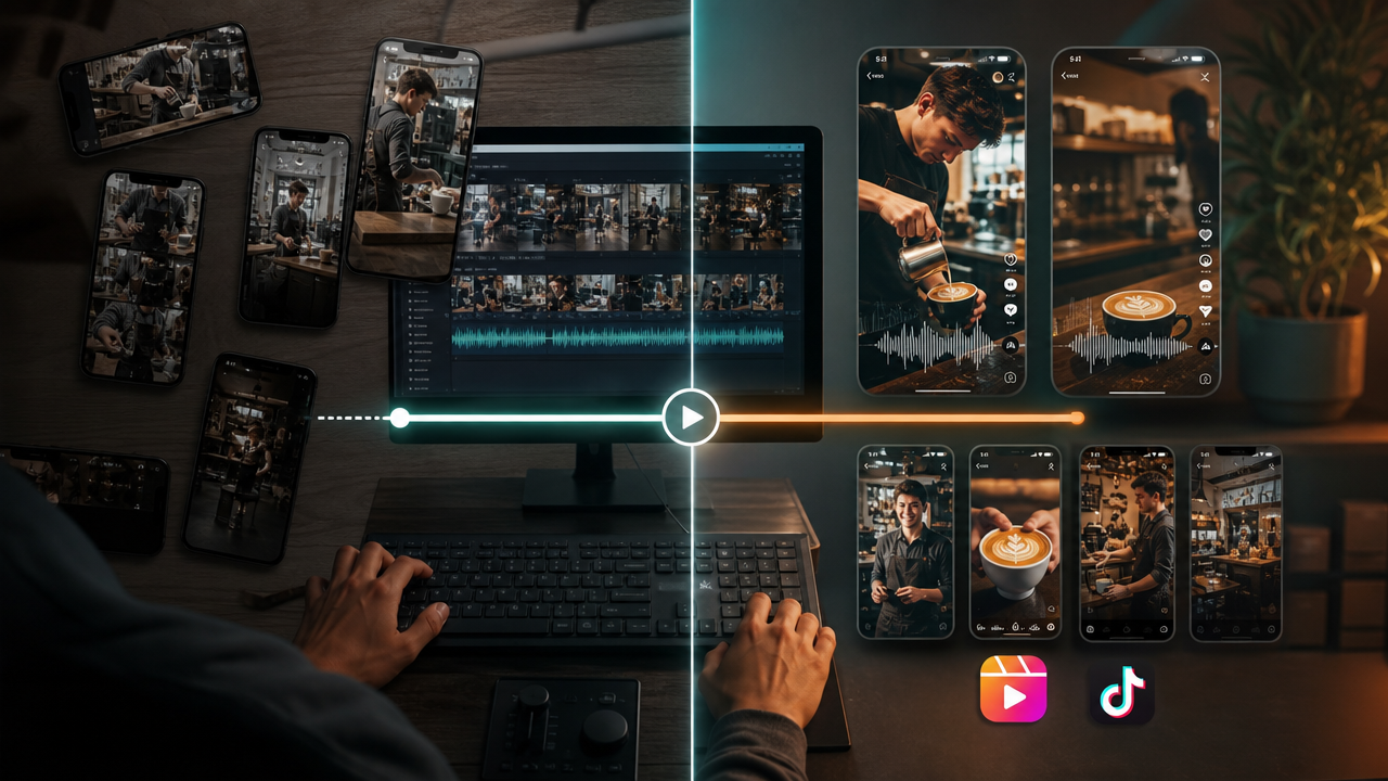 Split-screen showing raw unedited video clips on the left transforming into polished, captioned, colour-graded short-form content ready for Instagram Reels and TikTok on the right, demonstrating AI-powered video editing workflow.