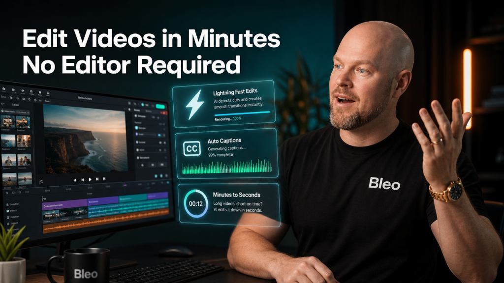 Luke Houlihan surprised and smiling while using AI video editing software at a modern desk, with holographic UI panels showing fast edits and auto-captions floating around him, wearing a Bleo-branded shirt.