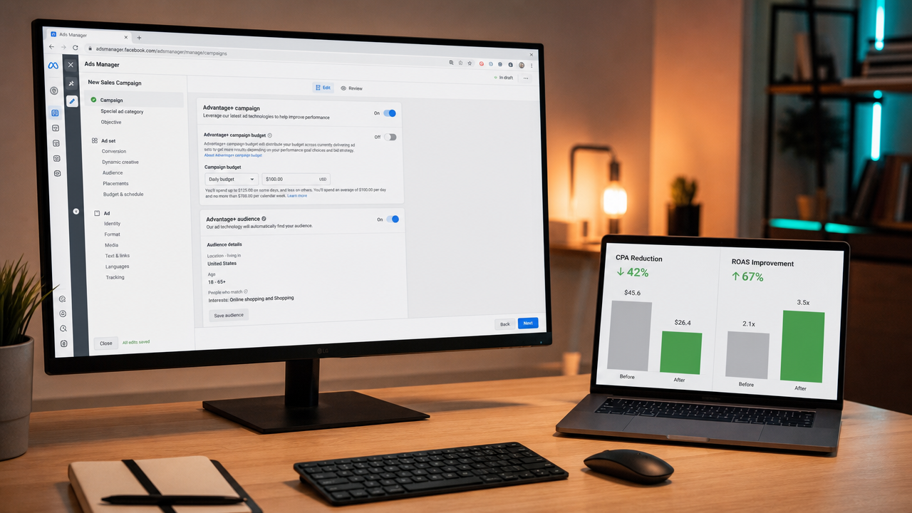 Meta Ads Manager interface on desktop monitor with performance metrics showing cost-per-action improvements and ROAS gains from AI automation