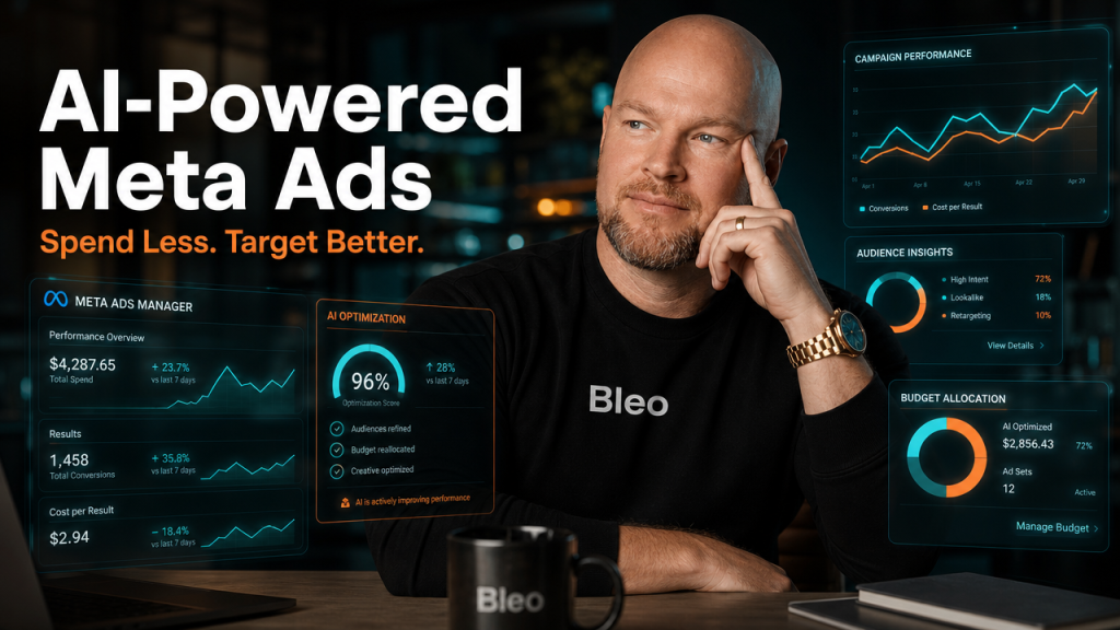 Luke Houlihan with a confident smile surrounded by holographic Meta Ads interfaces and AI optimization dashboards, with text overlay reading "AI-Powered Meta Ads: Spend Less. Target Better."