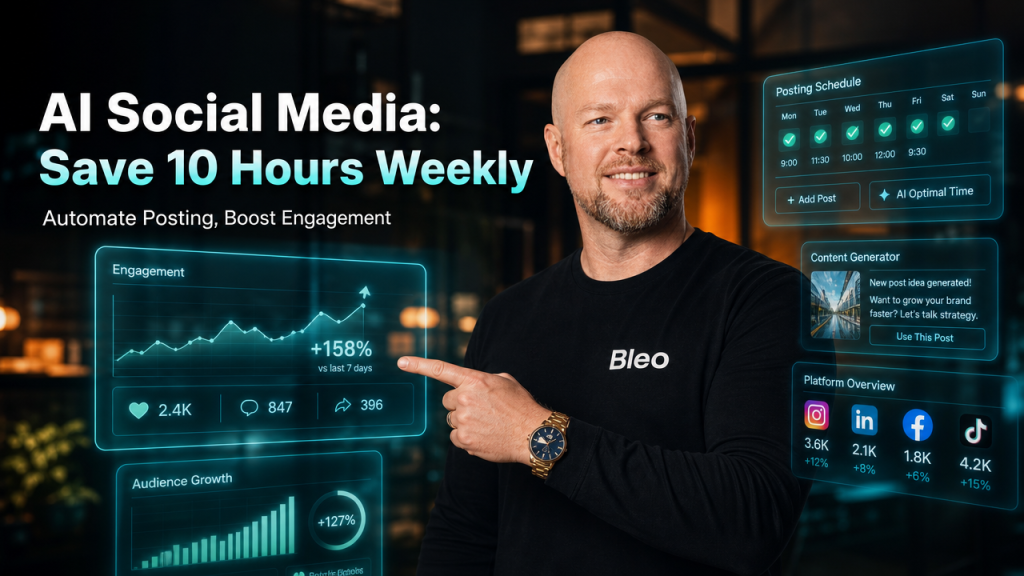 Luke Houlihan in a modern digital workspace with AI-powered social media interfaces, excited expression, pointing to engagement analytics, Bleo branded attire