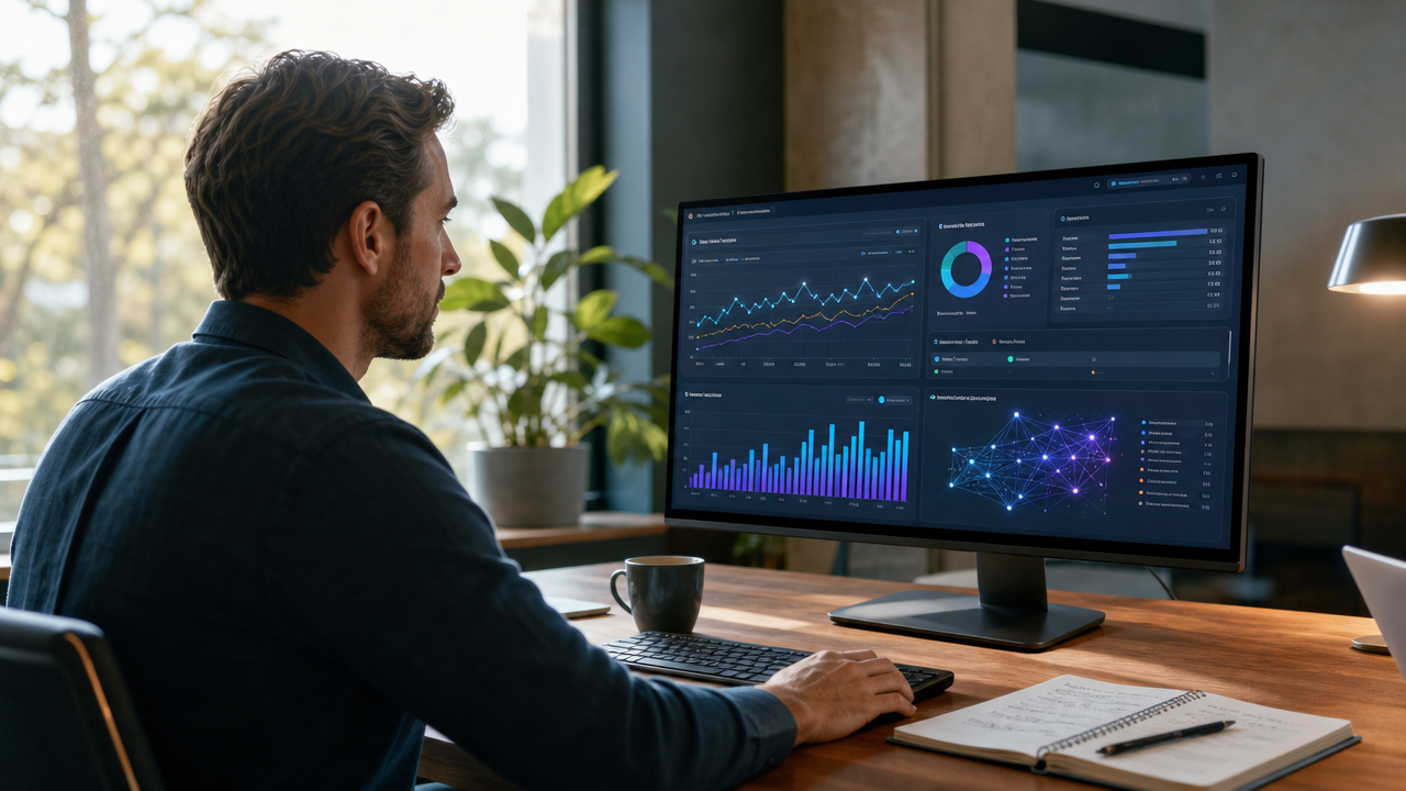 Australian small business owner reviewing optimised Google Ads campaign data on desktop monitor with AI-driven performance metrics and budget allocation charts visible