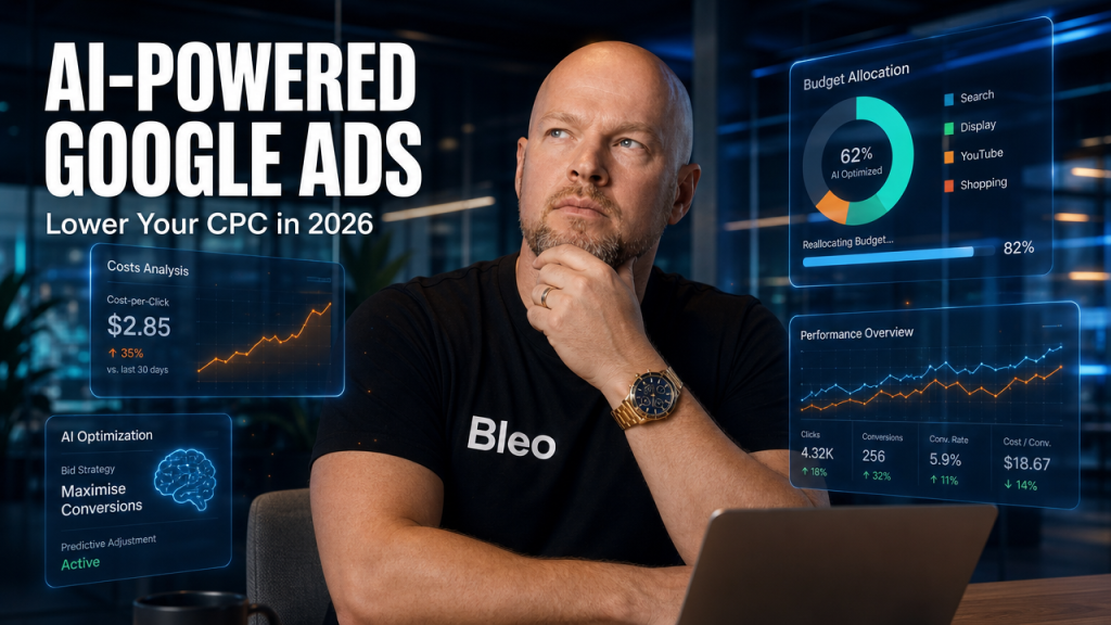 Luke Houlihan in a modern office with holographic AI dashboards, concentrated expression, orange and teal cinematic lighting, text overlay reads "AI-Powered Google Ads: Lower Your CPC in 2026"