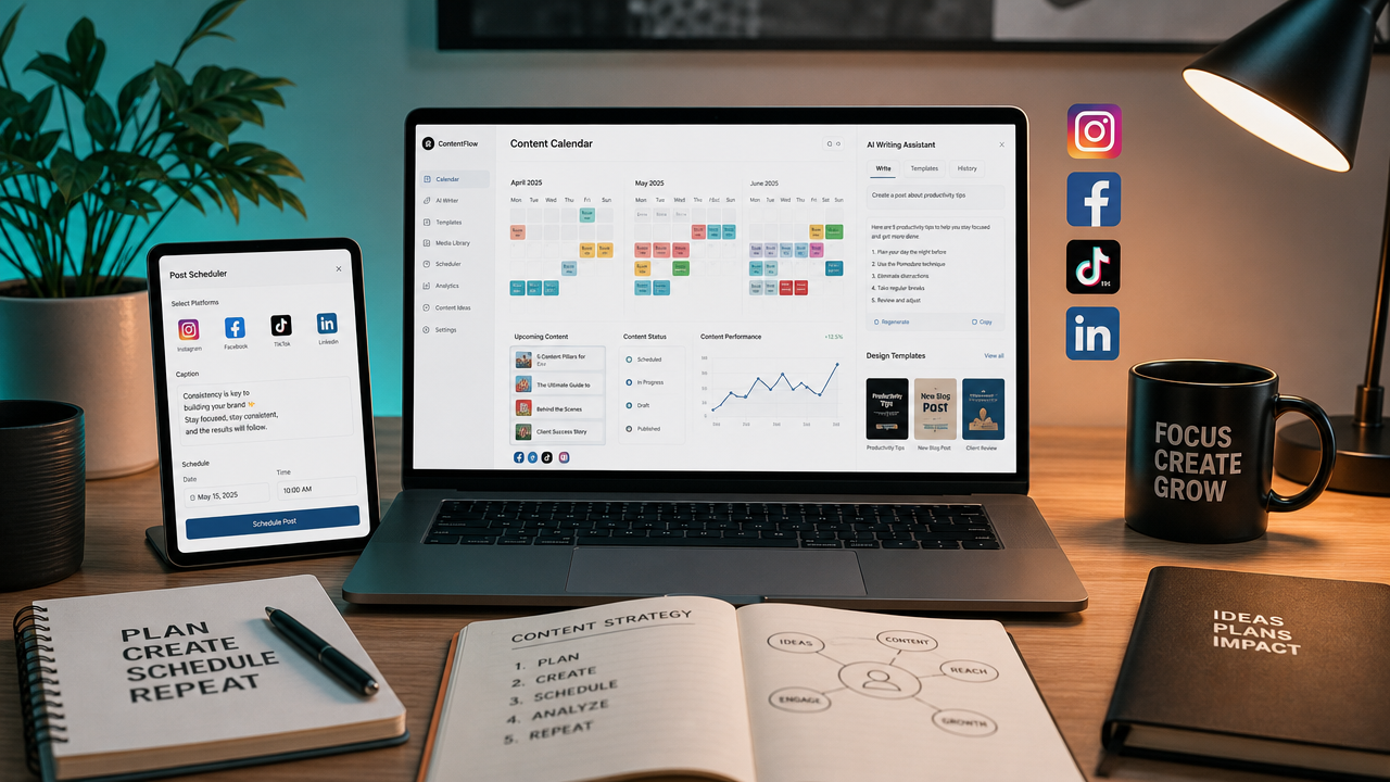 Modern digital workspace showing content calendar, AI creation tools, and social media scheduling interface with months of pre-planned posts visible.