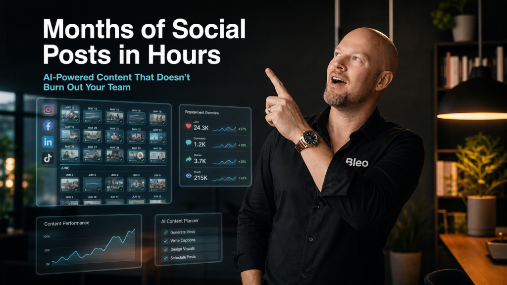 Luke Houlihan pointing excitedly at holographic analytics displaying months of scheduled social media content, with text reading "Months of Social Posts in Hours" and Bleo logo visible on his clothing.