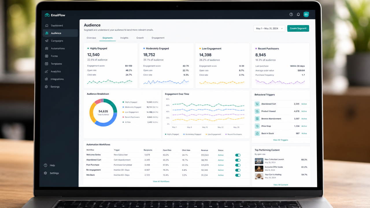 Email marketing dashboard displaying AI-powered audience segmentation with behavioral data, automation workflows, and analytics for targeted campaigns