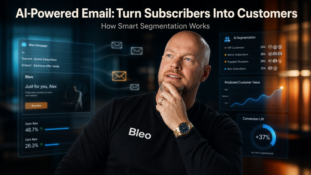 Luke Houlihan in Bleo shirt with confident expression discussing AI-powered email marketing segmentation strategy, with text overlay reading "AI-Powered Email: Turn Subscribers Into Customers"