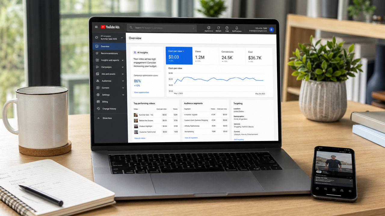 YouTube Ads dashboard on laptop showing AI-powered analytics, CPV metrics, and video performance data for small business campaigns