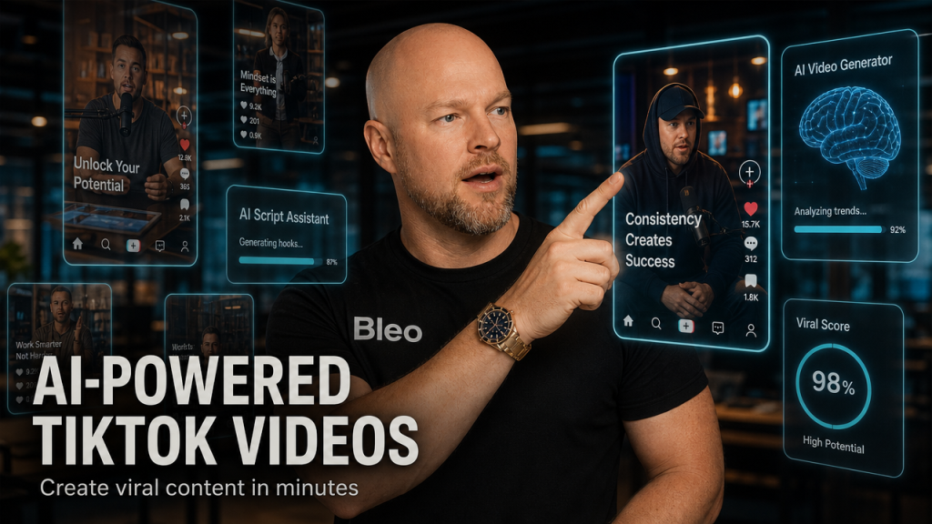 Luke Houlihan pointing excitedly at AI-generated TikTok video previews on a holographic display in a modern digital workspace, with the text overlay 'AI-Powered TikTok Videos' and 'Create viral content in minutes'