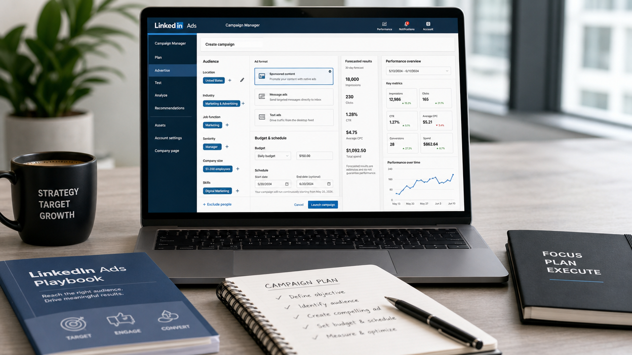 LinkedIn Ads dashboard showing targeting filters, budget controls, and performance metrics on a professional office desk