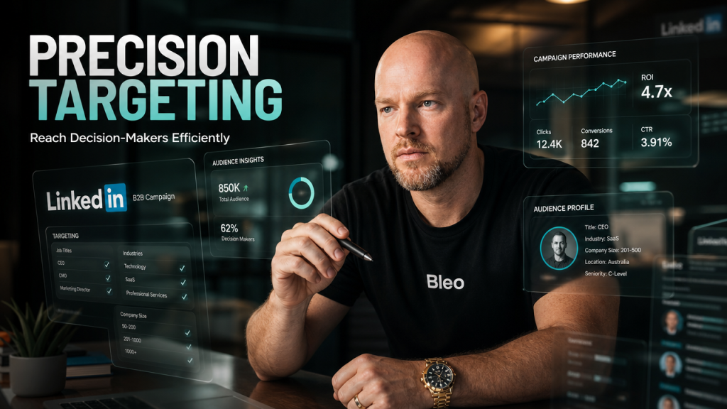 Luke Houlihan analyzing holographic LinkedIn targeting data with text overlay "Precision Targeting" and "Reach Decision-Makers Efficiently"
