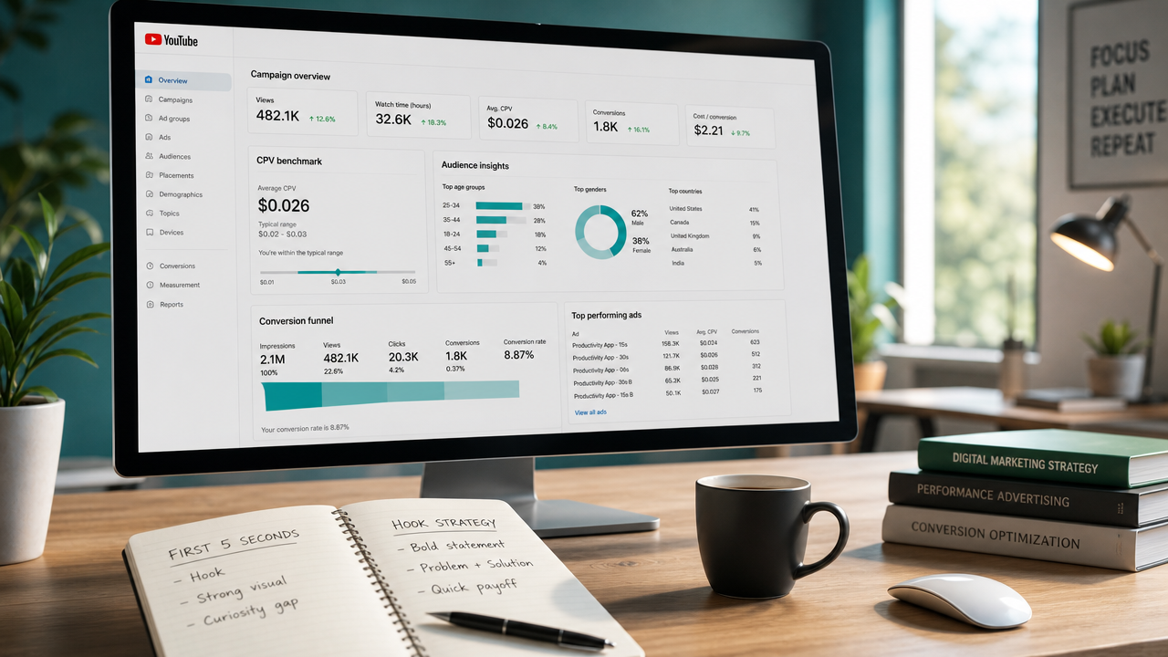 Small business owner reviewing YouTube ad metrics on desktop, with campaign notes and creative strategy visible in workspace.