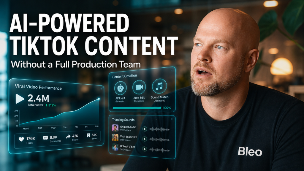 Luke Houlihan in a modern agency office with holographic AI analytics panels, reacting with impressed expression. Text overlay reads "AI-POWERED TIKTOK CONTENT Without a Full Production Team"