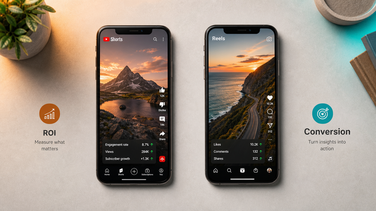 Two mobile phones displaying YouTube Shorts and Instagram Reels interfaces with performance metrics overlay, shot on light grey surface with warm professional lighting