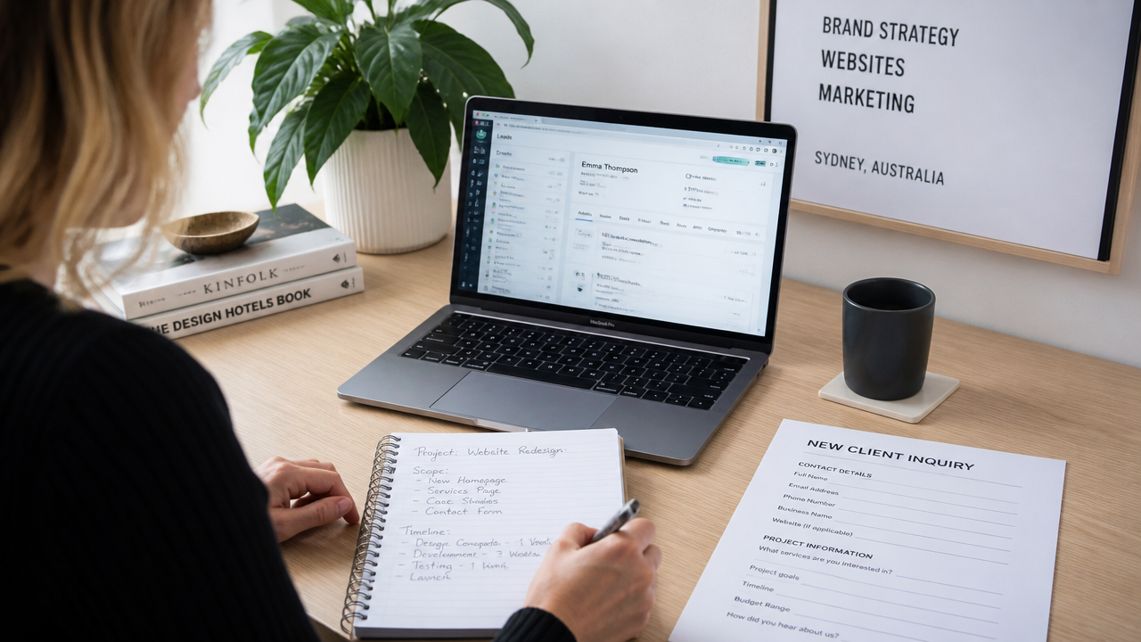 Professional workspace showing service business lead management with laptop, client notes, and project intake materials