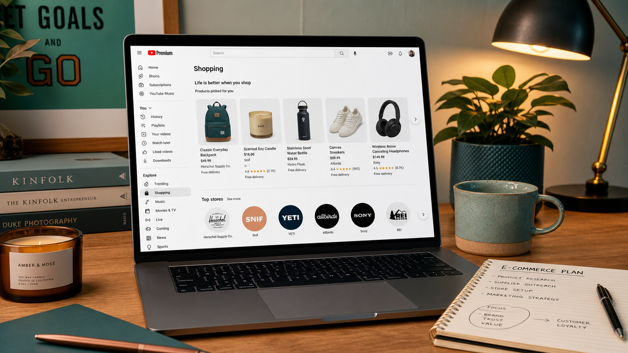 YouTube Shopping interface displayed on laptop screen with product carousel, ecommerce workspace setting with teal and orange lighting