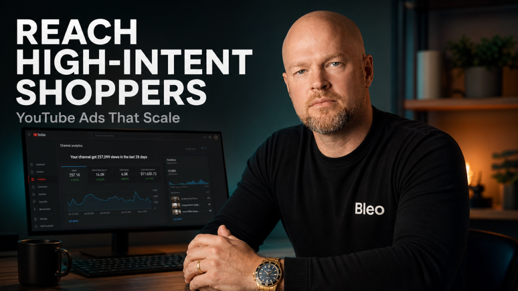 Luke Houlihan at a workspace with YouTube analytics on monitor, confident expression, bold text overlay "REACH HIGH-INTENT SHOPPERS", dark moody studio lighting