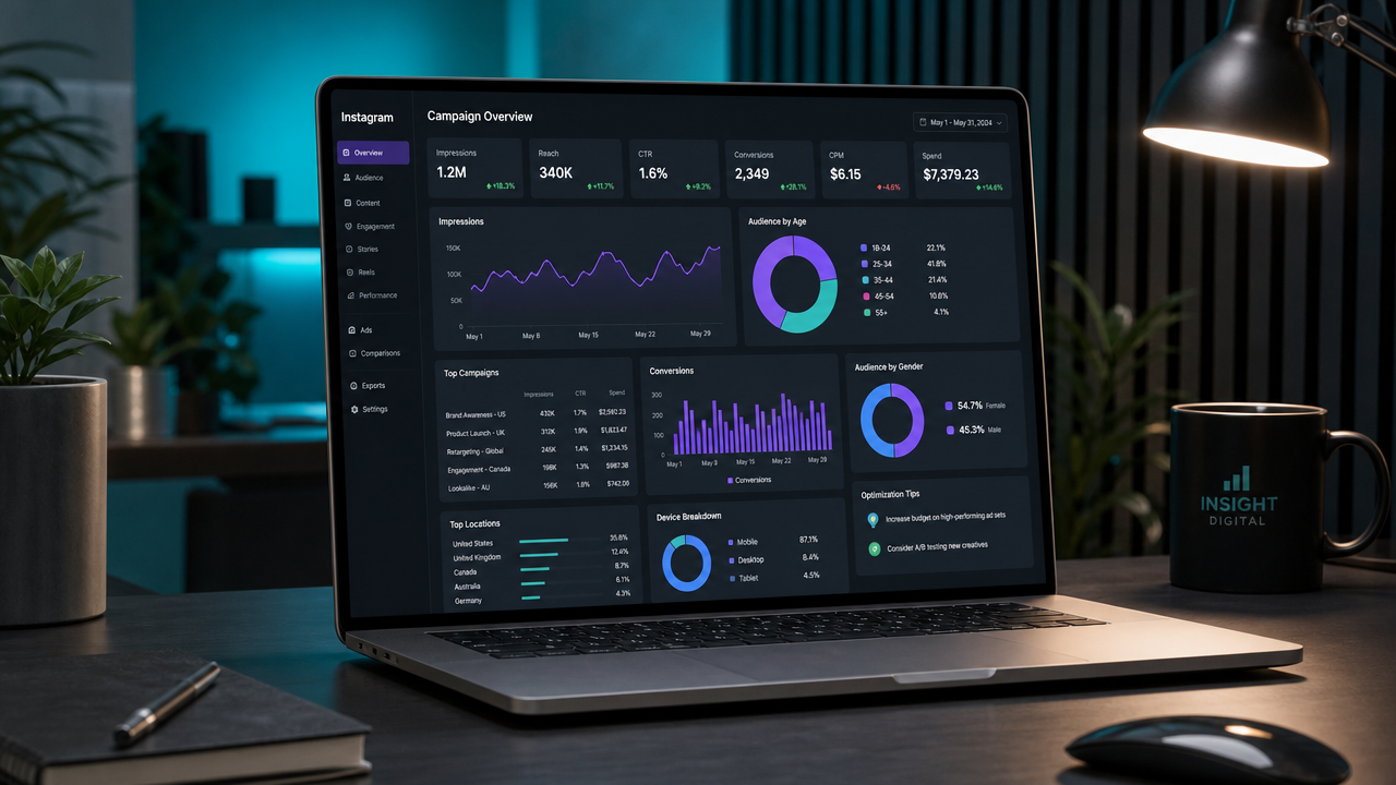 Professional B2B marketer reviewing Instagram Ads analytics and targeting data on laptop dashboard in modern office