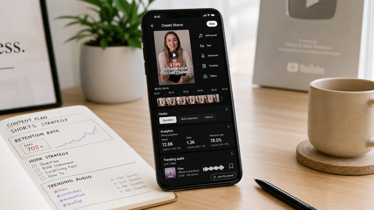 YouTube Shorts editing interface on a smartphone angled toward camera, surrounded by content planning notes and trending audio visualisations on a clean creator workspace
