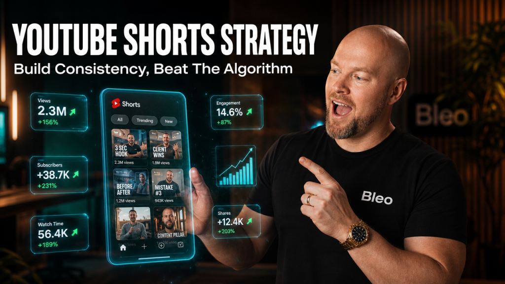 Luke Houlihan wearing a Bleo-branded shirt, gesturing excitedly at a holographic YouTube Shorts feed interface with trending metrics and thumbnails, demonstrating engagement-focused content strategy
