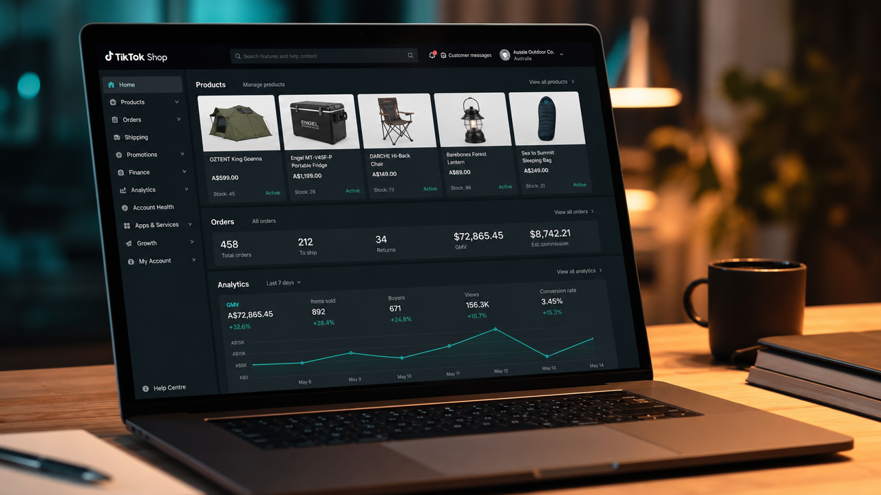 Close-up of a laptop screen displaying a TikTok Shop seller dashboard with product listings and sales analytics visible