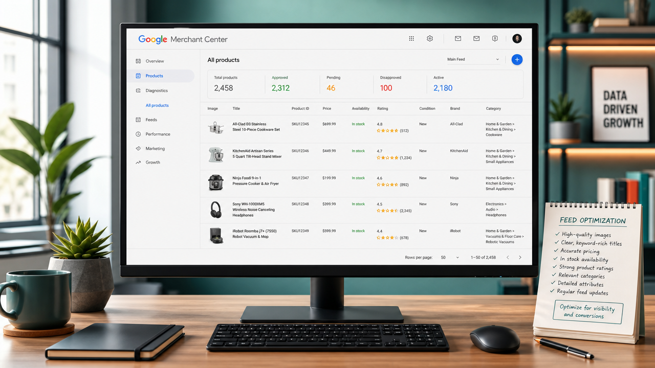 Desktop monitor displaying Google Merchant Center product feed with optimized product data, titles, images, pricing, and star ratings in a clean professional workspace