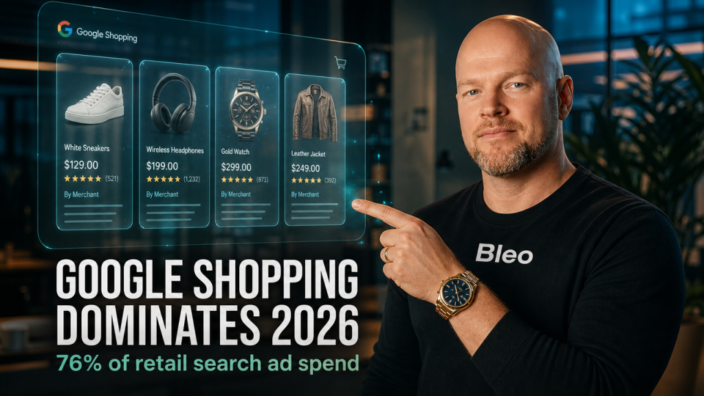 Luke Houlihan pointing to a holographic Google Shopping product display with text overlay reading 'Google Shopping Dominates 2026' and conversion statistics, wearing Bleo branded clothing in a professional tech environment