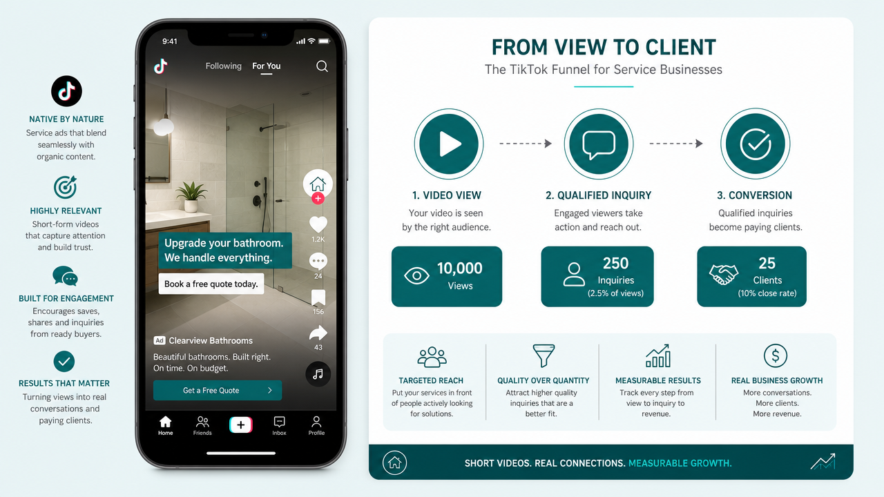 Mobile phone showing TikTok feed with native service ads and a conversion funnel diagram illustrating the path from video engagement to client inquiries