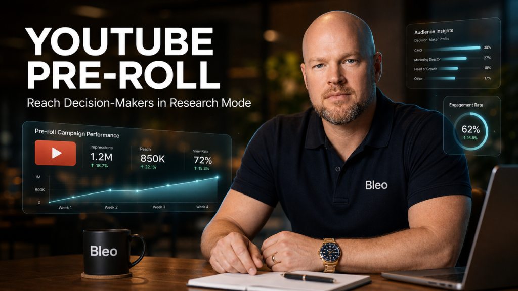 Professional executive at modern desk with YouTube pre-roll ads strategy overlay, demonstrating B2B lead generation tactics for decision-makers