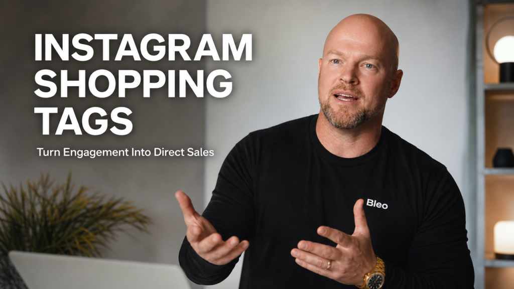 Luke Houlihan in Bleo branded shirt demonstrating Instagram shopping tagging strategy with confident gesture and premium cinematic lighting