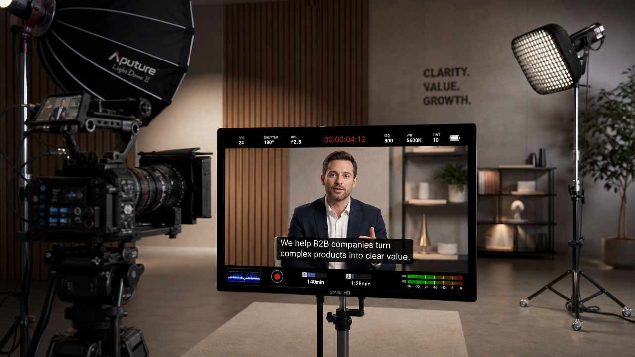 Professional video production setup for LinkedIn B2B content with lighting rigs, premium camera equipment, and monitor displaying video with captions