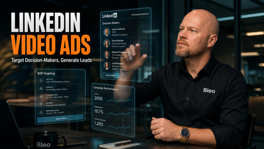 Professional man in Bleo-branded shirt examining holographic LinkedIn interface panels with targeting data and decision-maker profiles displayed around him at a modern desk, with confident strategic expression