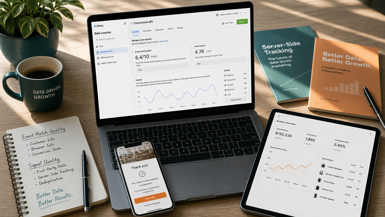 Flat-lay desk setup showing a laptop with Meta Ads Manager open, smartphone displaying purchase confirmation, tablet with analytics, and marketing notes - all screens angled to show content clearly.