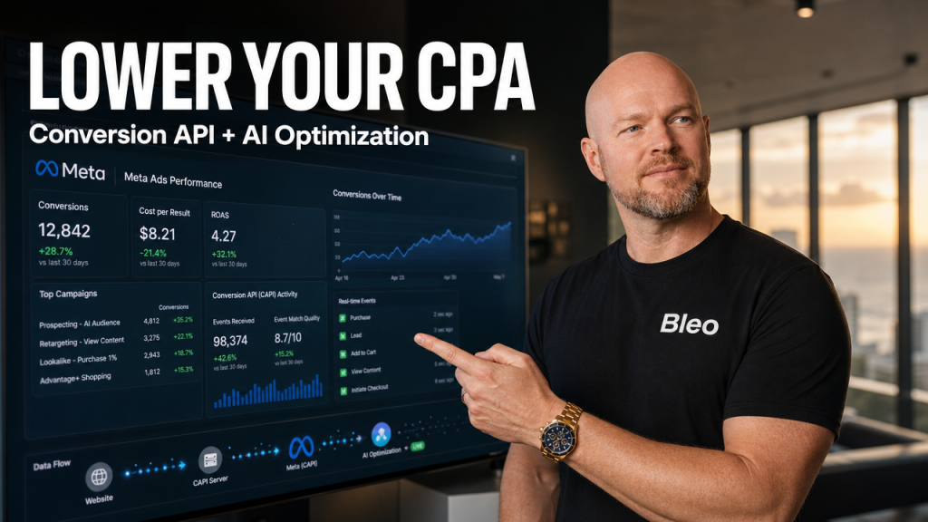 Luke Houlihan stands confidently in a modern Gold Coast office, gesturing toward a holographic Meta Ads analytics display showing conversion data and CAPI metrics. Bold white text overlay reads "LOWER YOUR CPA" with "Conversion API + AI Optimization" beneath it.