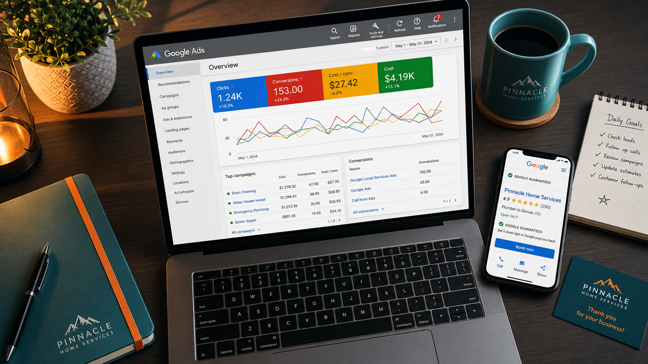 Service business operator's desk with laptop and smartphone both angled to show Google Ads dashboard and Google Local Services Ad interface