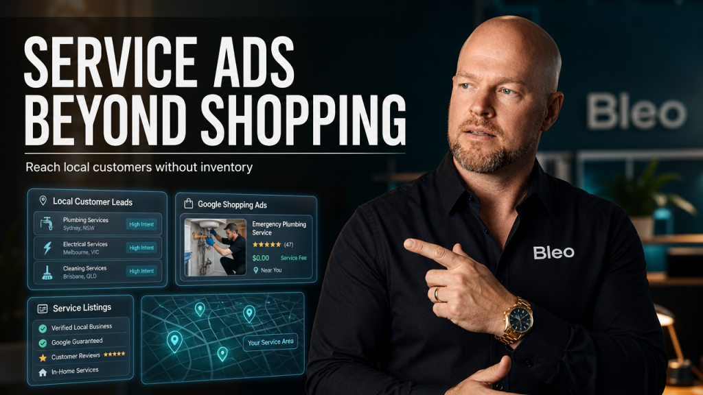Luke Houlihan in business office presenting holographic interface showing Google Shopping ads for service businesses, with "SERVICE ADS BEYOND SHOPPING" text overlay
