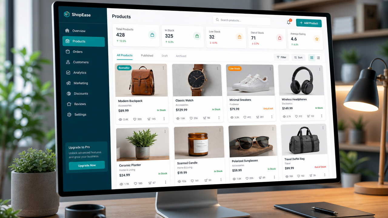 Desktop monitor displaying Pinterest shopping catalog interface with vertical product pins, pricing, and engagement analytics in a modern ecommerce workspace